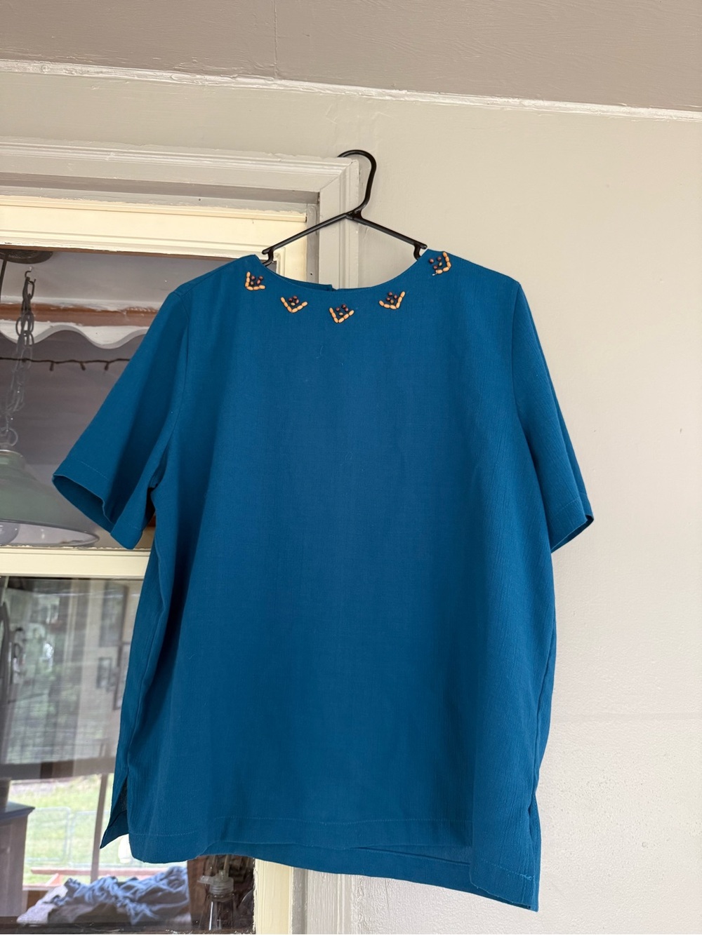 Jantzen Teal Short Sleeve Blouse with Bead Detail